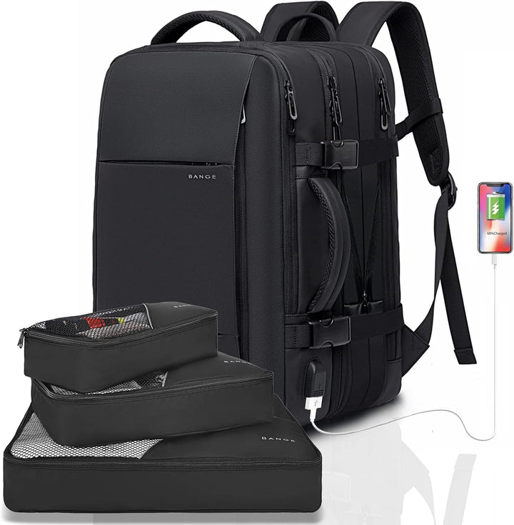 Expandable laptop backpack, 26-45L, waterproof, for men & women travelers.