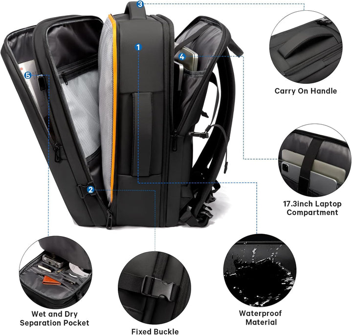 Modern unisex travel backpack, 26-45L, expandable & waterproof for essentials.