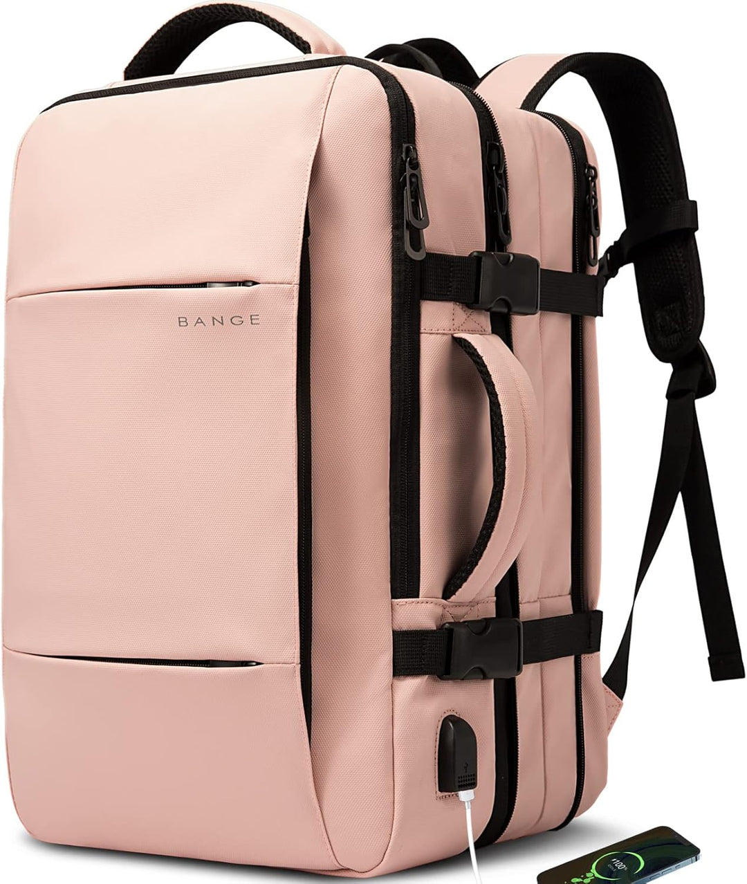 Secure and expandable 26-45L travel backpack with waterproof features and comfort.