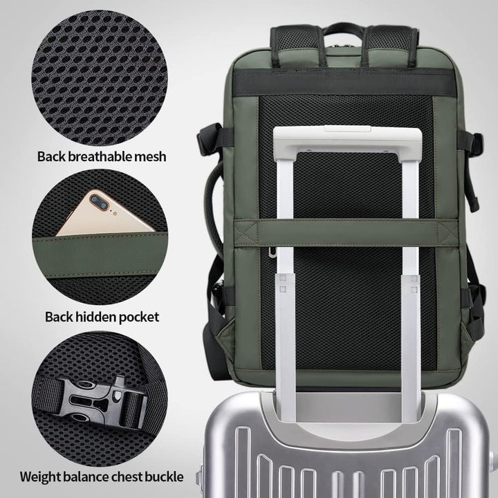 Durable waterproof backpack, 26-45L, expandable, suitable for all weather travel.