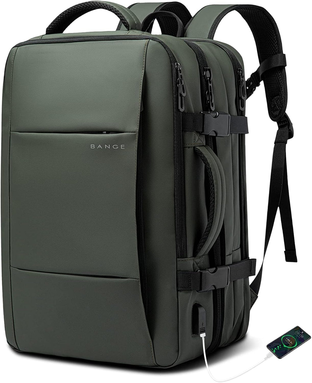 Smart expandable travel backpack, 26-45L, waterproof, for tech-savvy travelers.
