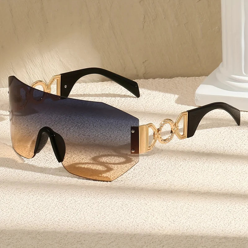 Unisex futuristic frameless sunglasses with luminous green lenses, UV400 protection, for fashion eyewear