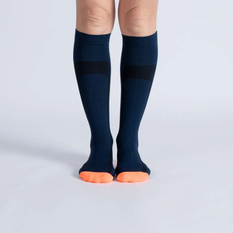 Unisex gentle compression socks in blue and orange for daily wear and leg comfort