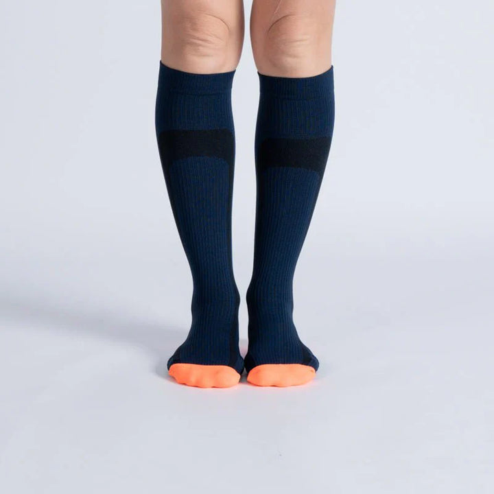 Unisex gentle compression socks in blue and orange for daily wear and leg comfort