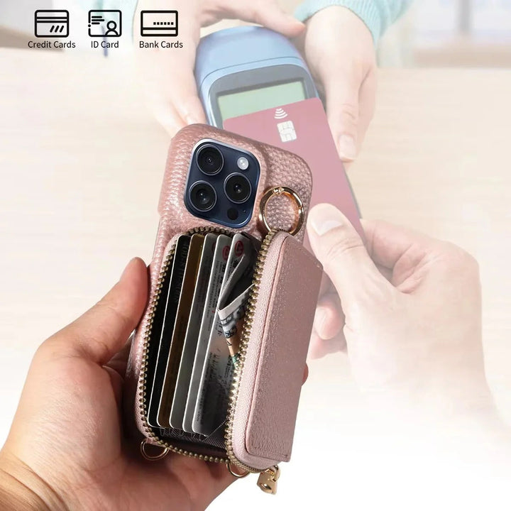 Durable genuine leather iPhone case and wallet combined, with card slots, zipper, and detachable lanyard.