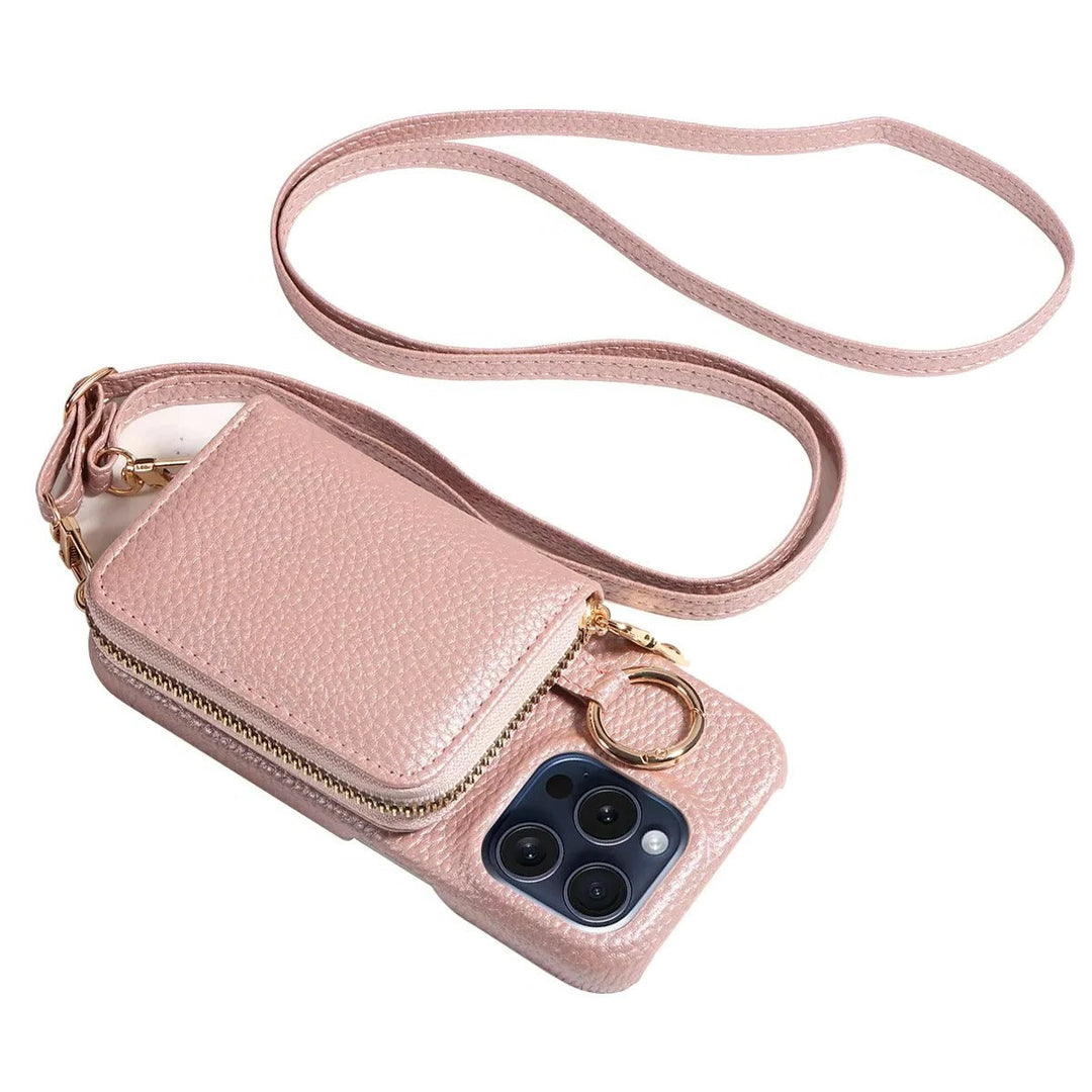 Secure unisex iPhone case: genuine leather, multiple card slots, and a robust zipper for valuables.