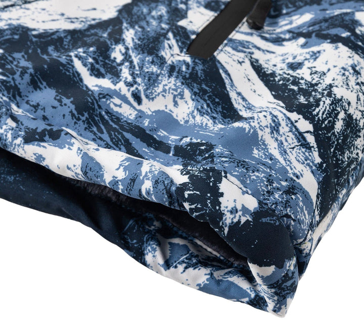 Full-length shot of the Glacier Print Insulated Jacket, modeled on a diverse body shape, unisex appeal.