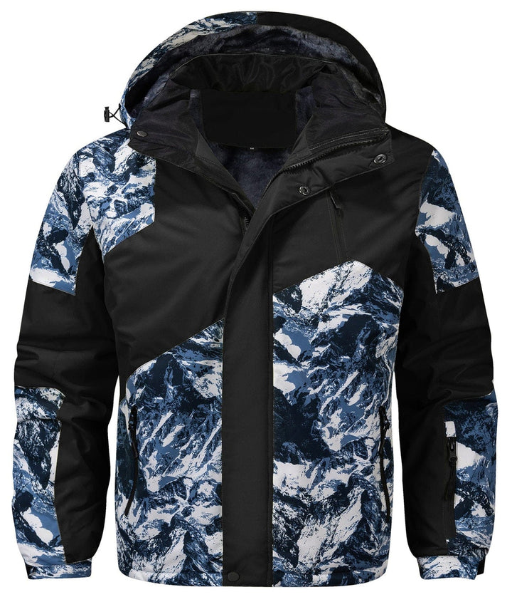 Warm unisex insulated jacket with unique glacier print, ideal outerwear for cold weather, displayed on mannequin.