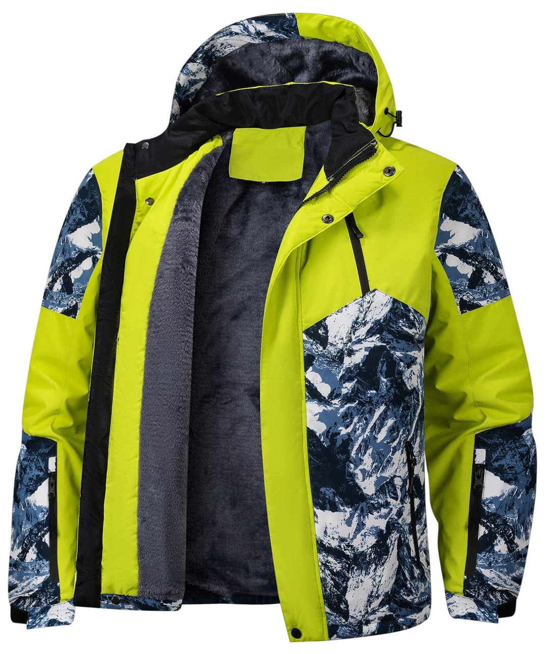 Unisex winter jacket with a striking glacier print, featuring a durable, insulated design for extreme cold.