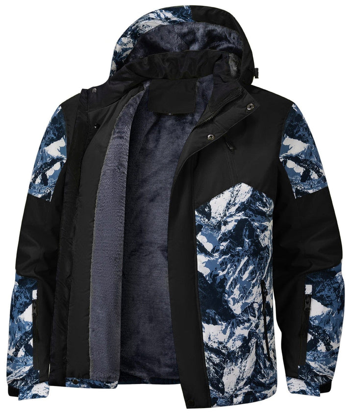 Side profile of the Glacier Print Insulated Jacket, highlighting thickness & cozy insulation for cold climates.