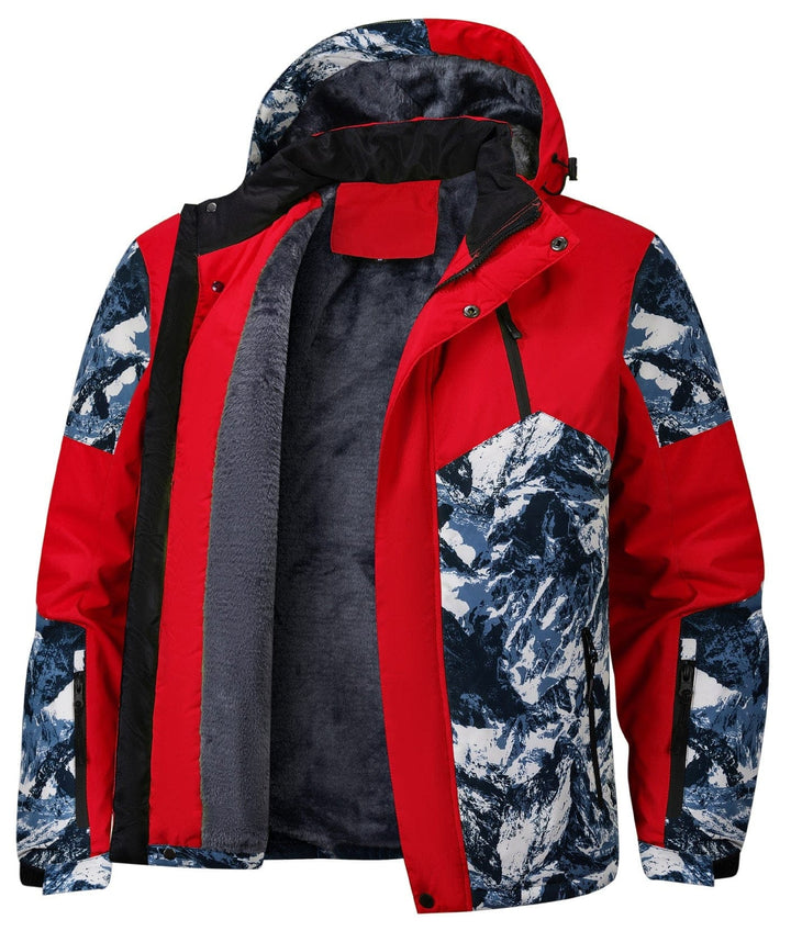 Detail of the zipper and high collar on the Unisex Glacier Print Insulated Jacket, offering neck protection.