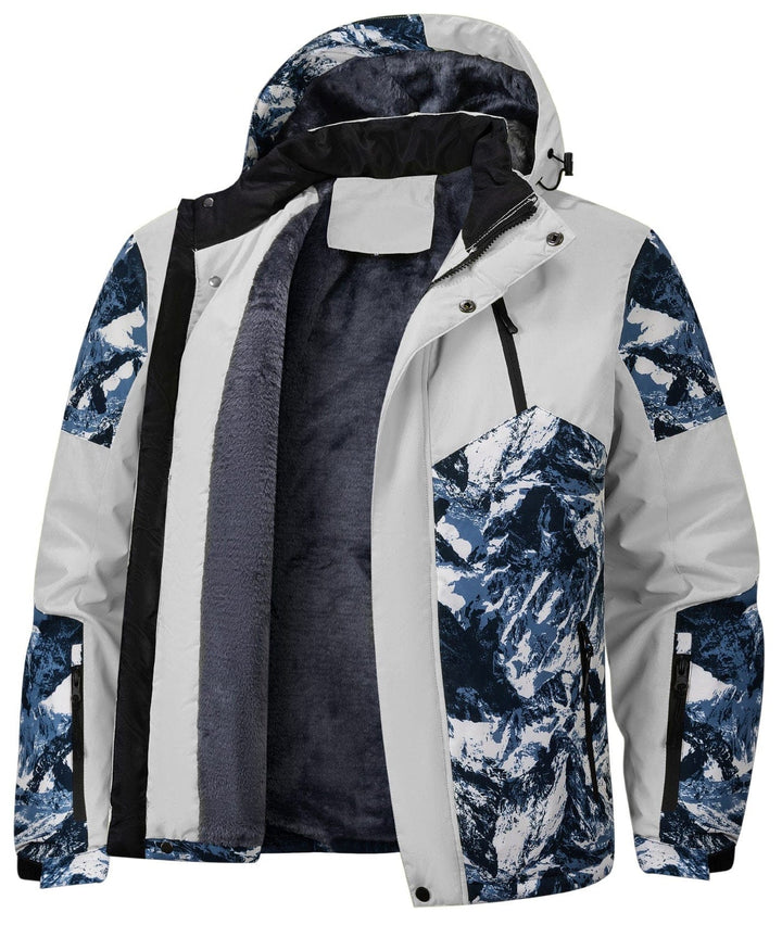 Hood of the insulated glacier print jacket, designed for unisex wear and maximum warmth in winter.