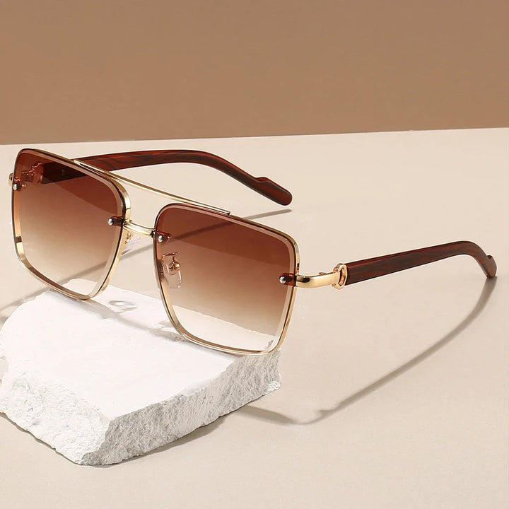 Premium gold-tone aviator sunglasses, unisex, with natural woodgrain arms for sun protection.