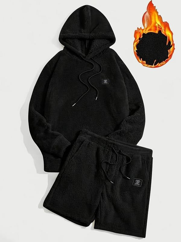 Close-up of the soft texture on a unisex fleece lounge set hoodie and shorts, emphasizing comfort.