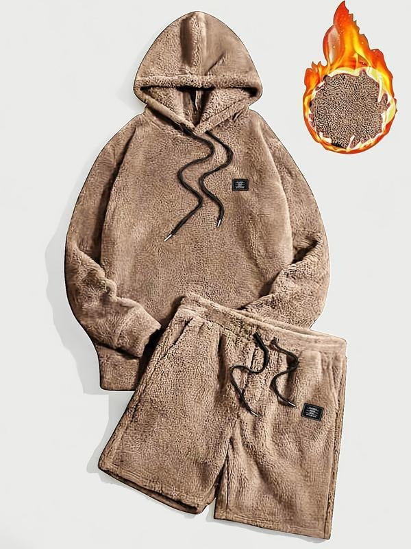 Full view of a unisex fleece lounge set with a pullover hoodie and shorts, designed for ultimate comfort.