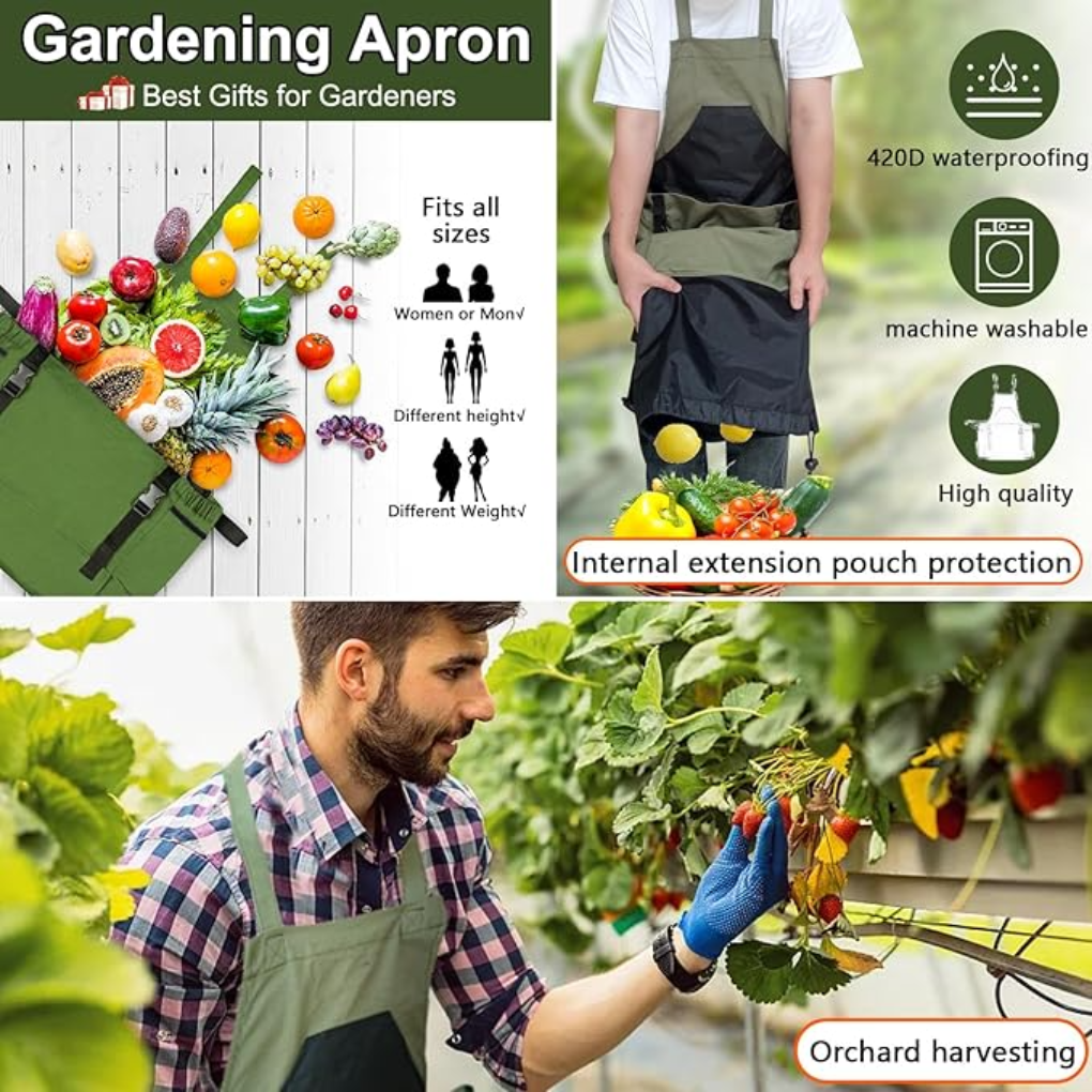 Durable green garden work apron with adjustable straps & spacious pockets for easy access to gardening tools. Unisex.