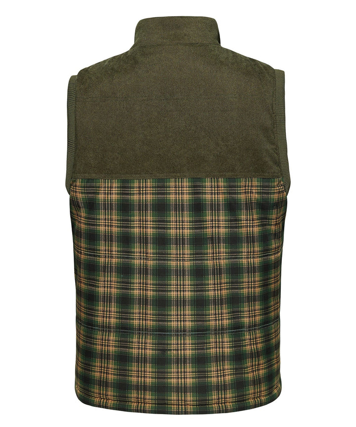 Close-up of the fabric on a green outdoor insulated vest, showing texture