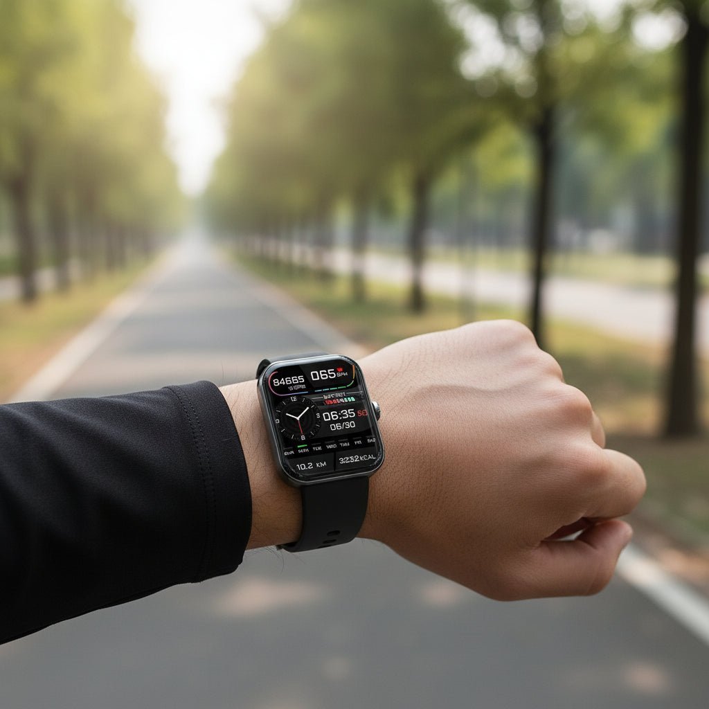 Smartwatch with non-invasive blood glucose monitor & vital tracking for comprehensive daily health management.