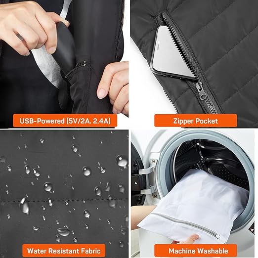 "Unisex heated vest with USB charging in black, featuring 4 heat zones for efficient warmth, ideal for cold outdoor activitie