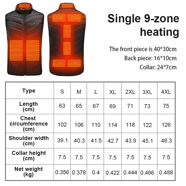 "Unisex heated vest with USB charging in black, featuring 4 heat zones for efficient warmth, ideal for cold outdoor activitie