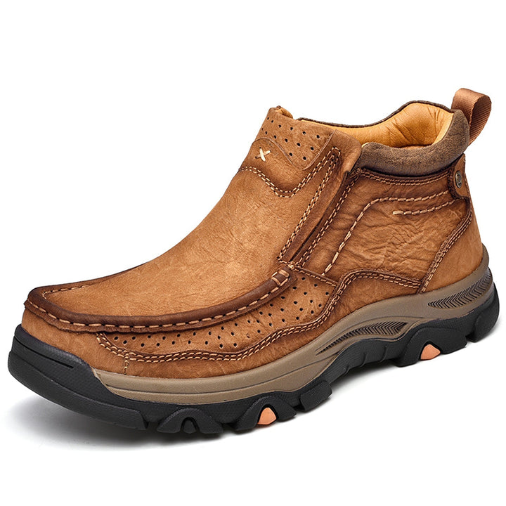 Unisex high-top orthopedic leather shoes in black, providing comfort and posture support for casual wear