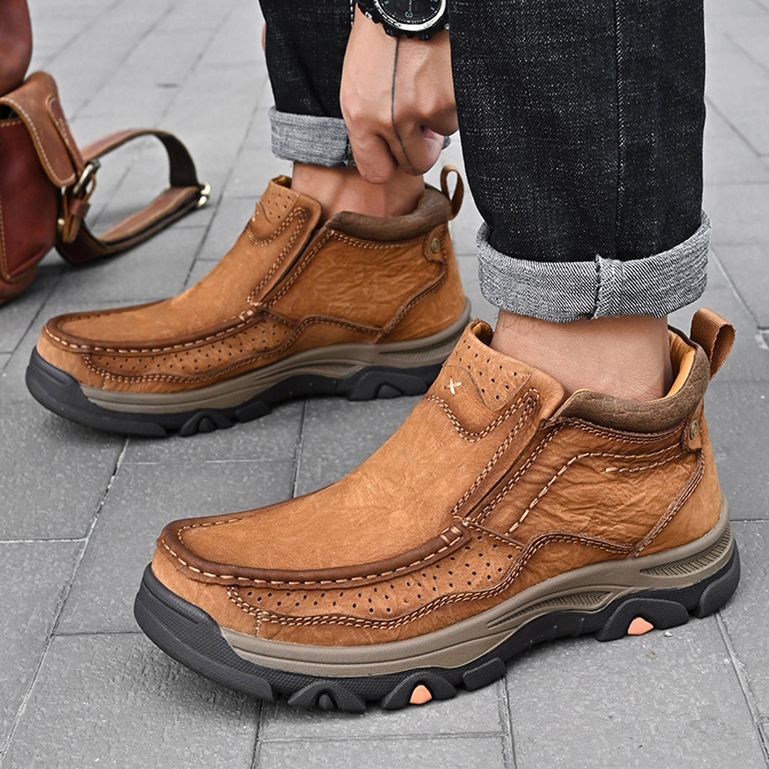 Black leather orthopedic high-top shoes, versatile for both men and women, enhancing posture and comfort
