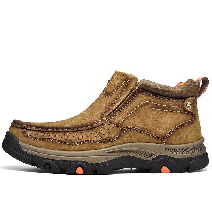Black leather high-top orthopedic shoes, providing essential comfort and relief for various activities