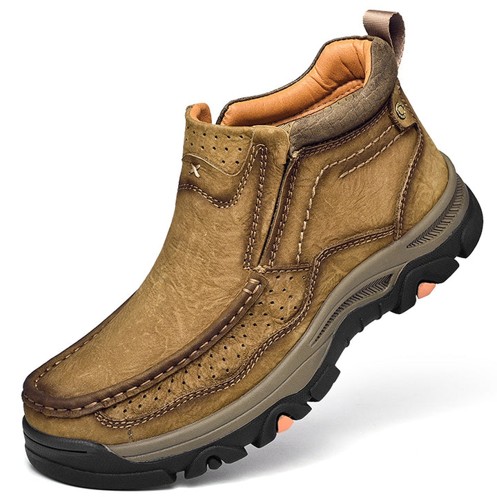 Back view of black leather high-top orthopedic shoes, highlighting their sturdy design and comfort