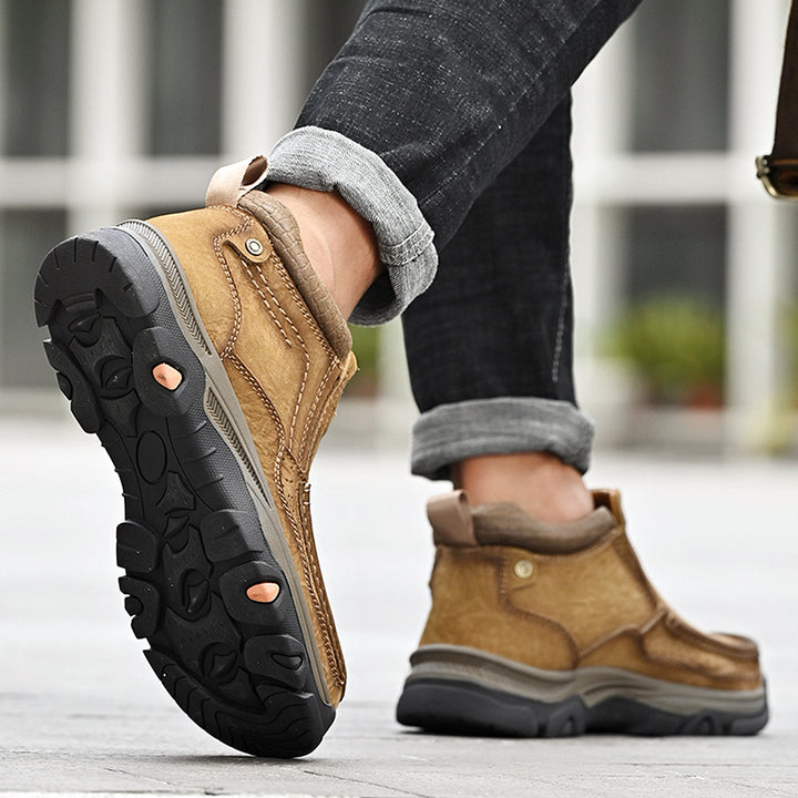 Unisex black leather high-top shoes, providing cushioned comfort and orthopedic support for active lifestyles