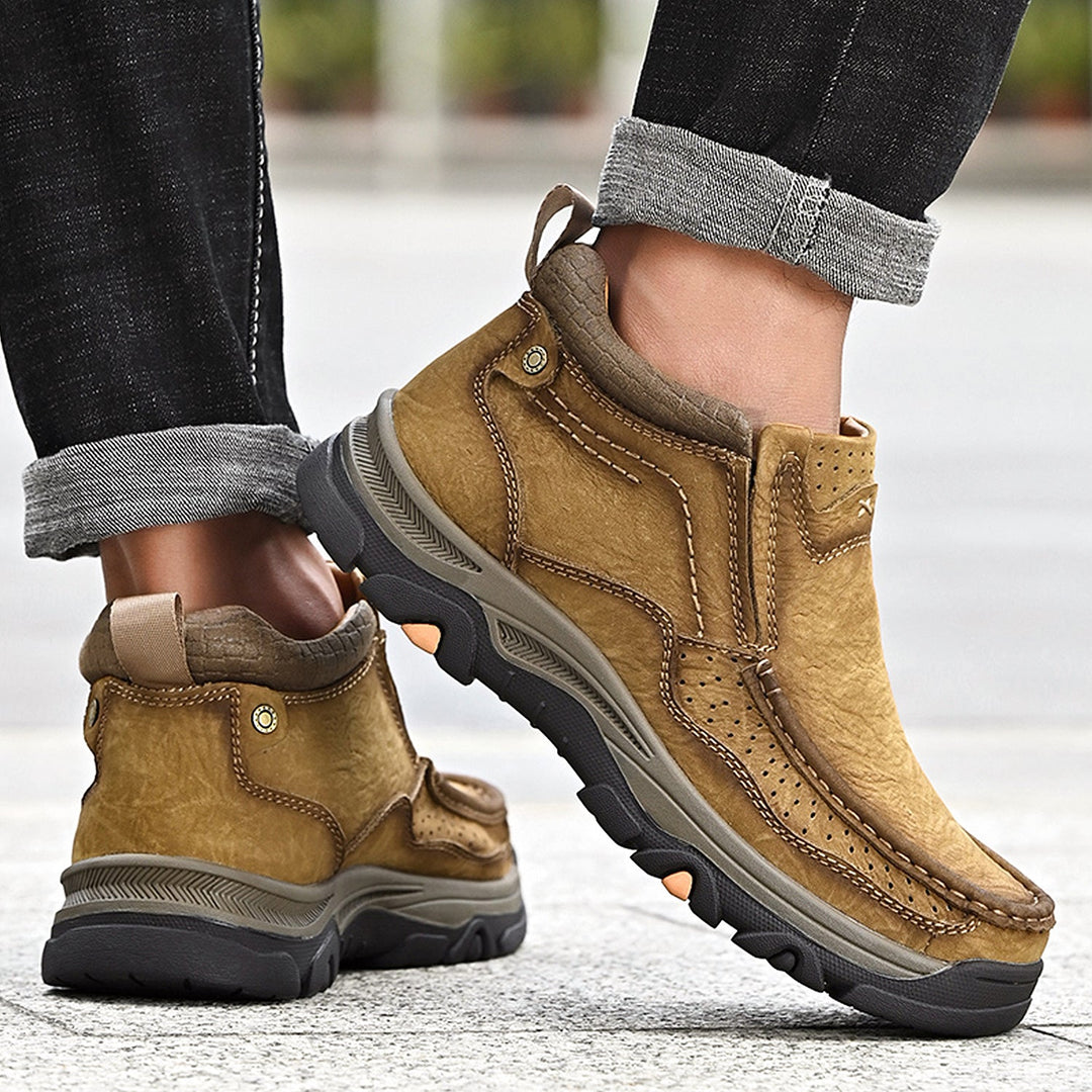 Pair of black leather high-top comfort shoes, unisex, with orthopedic features for foot health