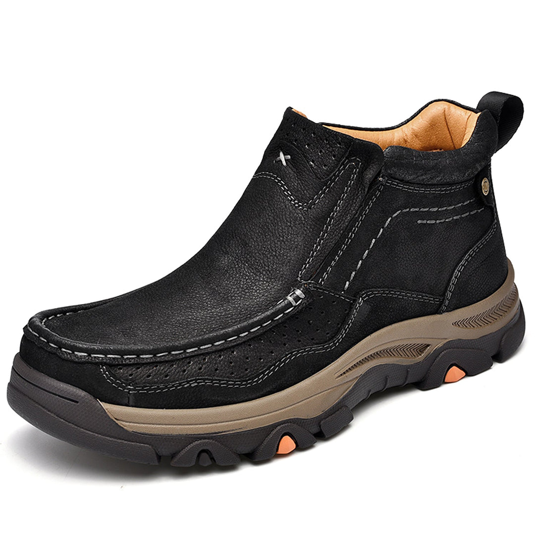 Side view of unisex high-top comfort shoes, black leather with orthopedic support for everyday relief