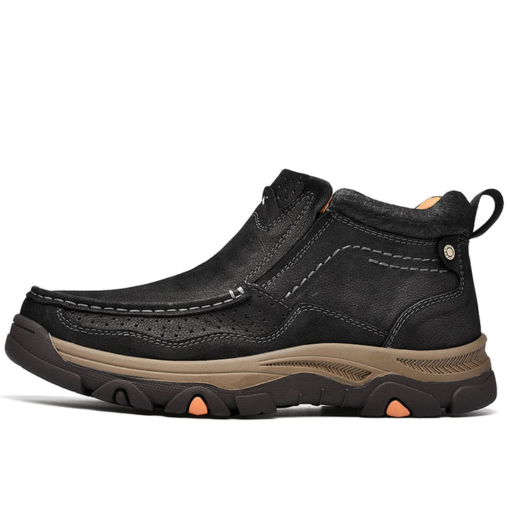 Full shot of black leather high-top orthopedic comfort shoes, versatile for various outfits and genders