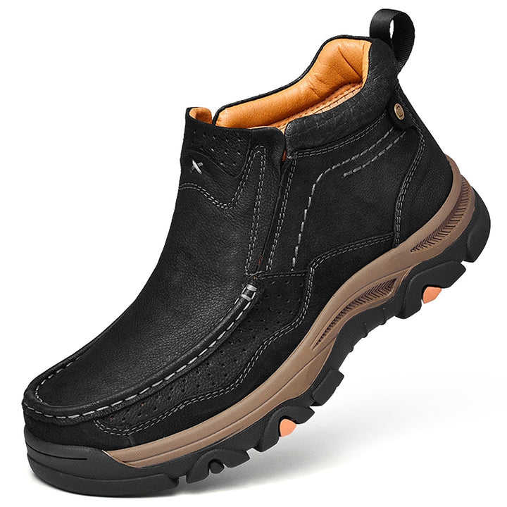 Black leather high-top orthopedic shoes, a comfortable and supportive option for relief and casual wear