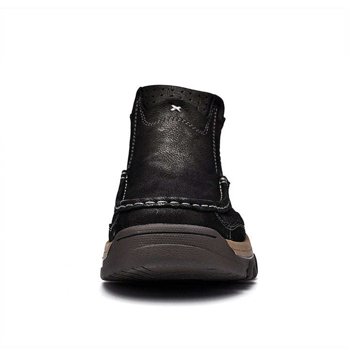 Black leather high-top orthopedic shoes, designed for unisex wear, offering comfort and stability for feet
