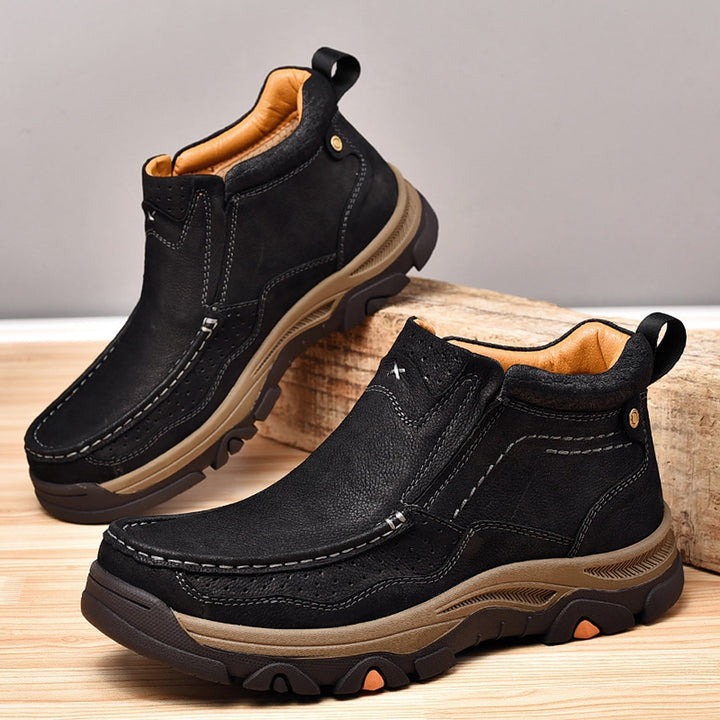 Orthopedic high-top black leather shoes, unisex, ensuring all-day comfort and foot relief