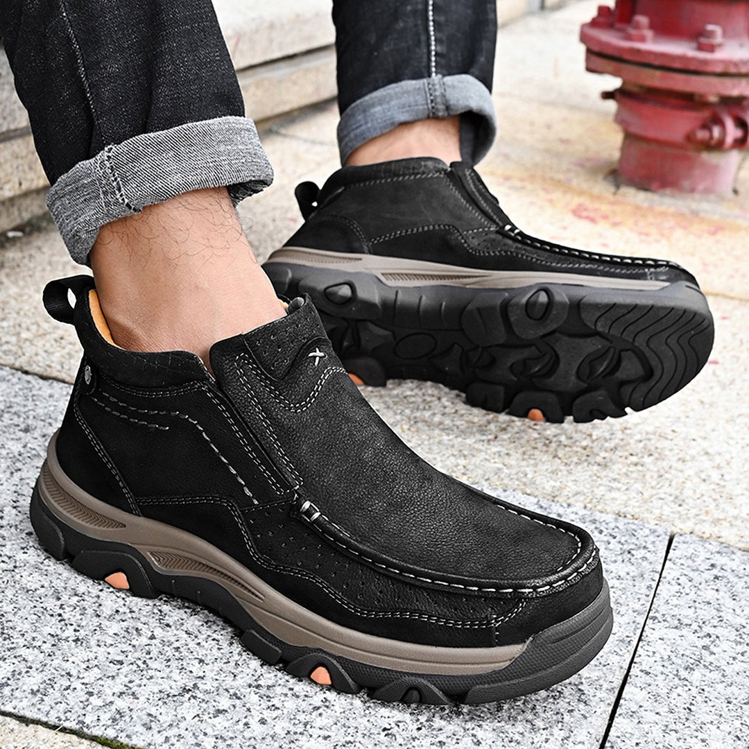 Black leather high-top orthopedic shoes, offering a blend of casual style, comfort, and posture benefits
