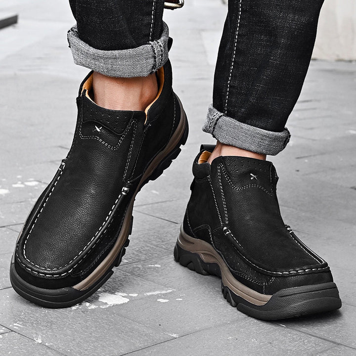 Durable black leather high-top orthopedic shoes, unisex, designed for long-lasting comfort and support