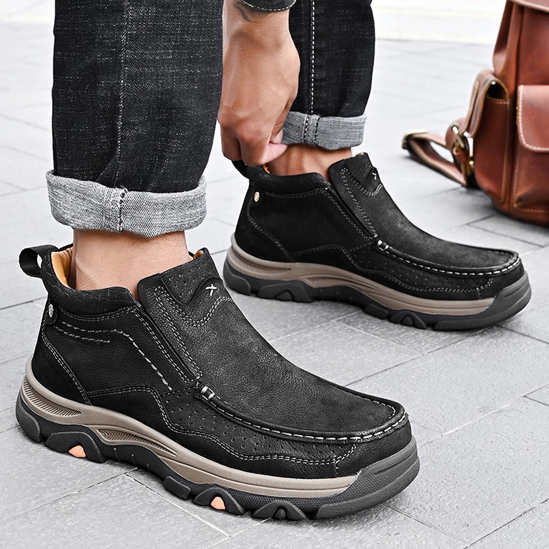 Black leather high-top comfort shoes, suitable for unisex wear, promoting good posture and foot health