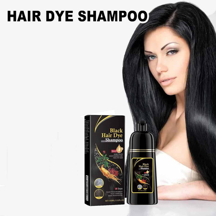 Plant-based black hair dye shampoo for effective gray hair coverage, natural color, and a healthy shine.