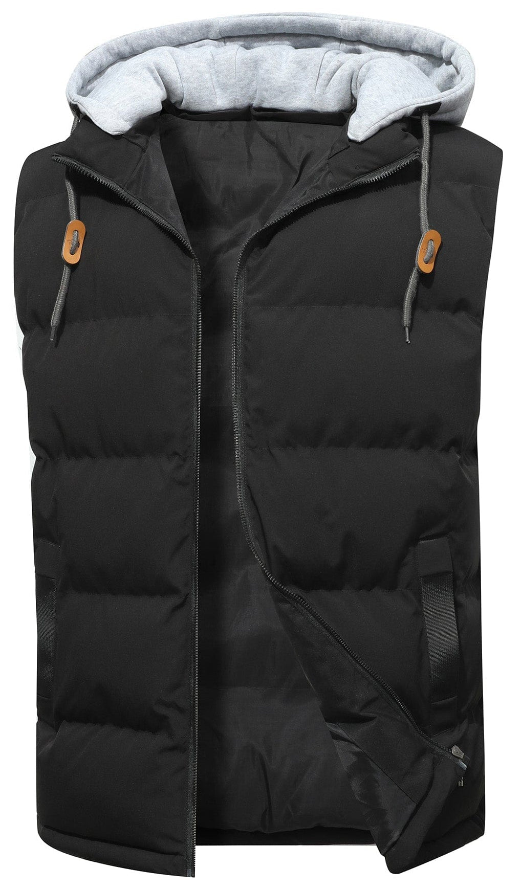 Unisex insulated puffer vest with hood in black, front view, perfect for layering during cold weather.