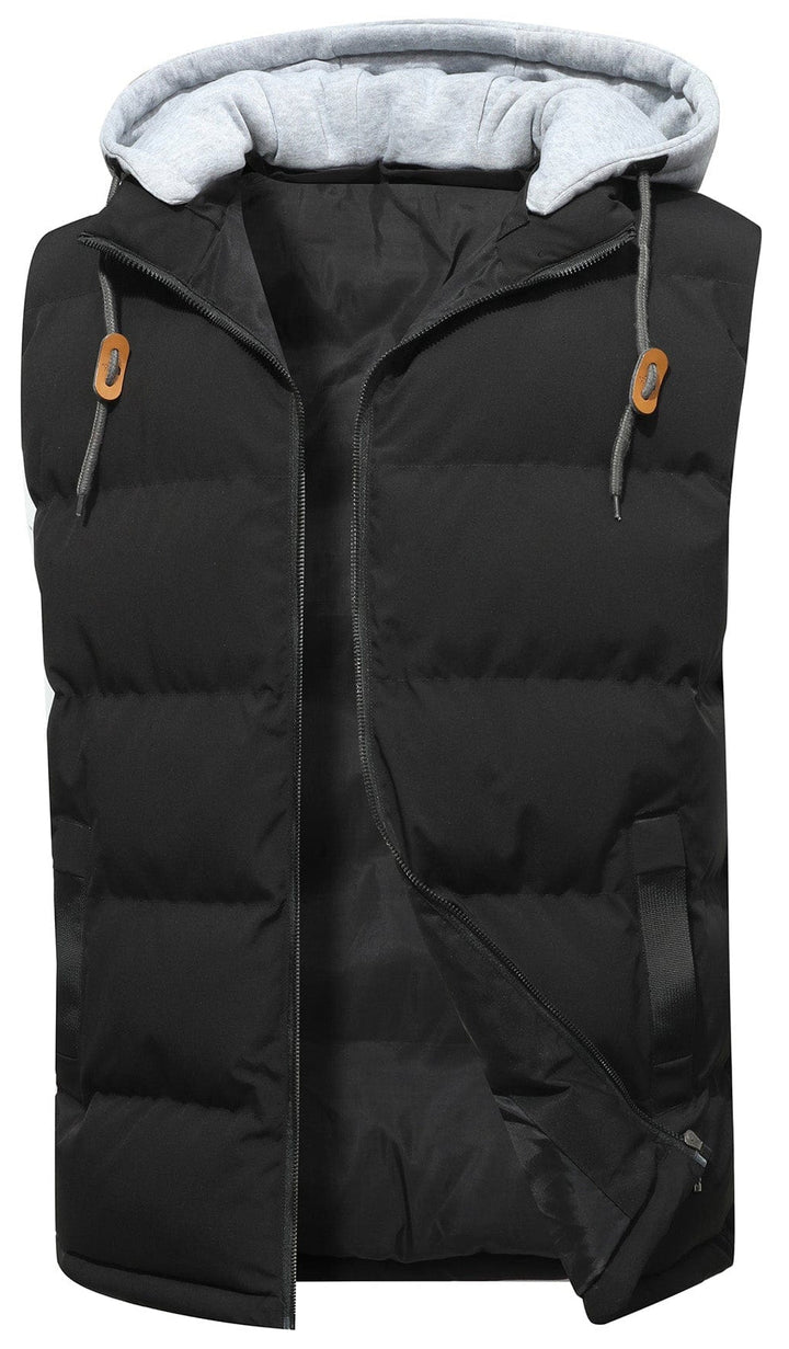 Unisex insulated puffer vest with hood in black, front view, perfect for layering during cold weather.