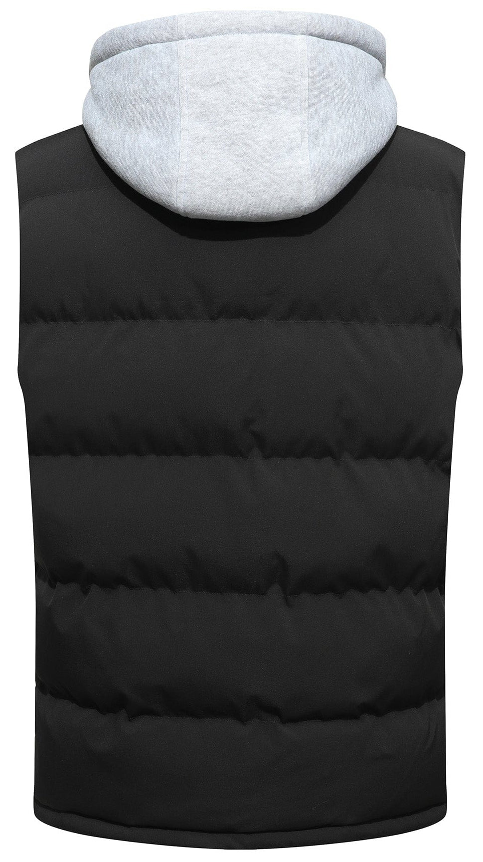 Side view of a model wearing a black unisex insulated puffer vest with hood, demonstrating fit and style.
