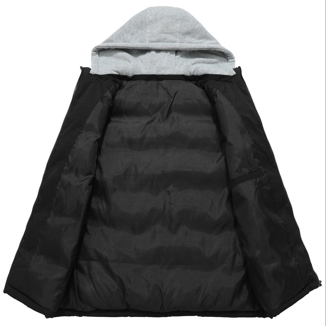 Back view of a black unisex insulated puffer vest with hood, highlighting the hood and seamless design.