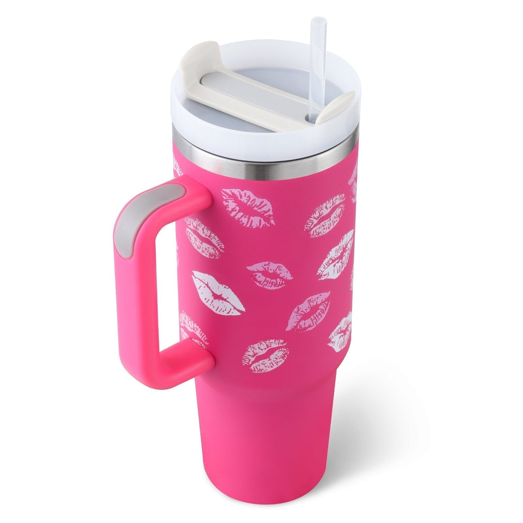 Unisex insulated travel mug with handle & straw for hot/cold drinks. Portable & durable tumbler.