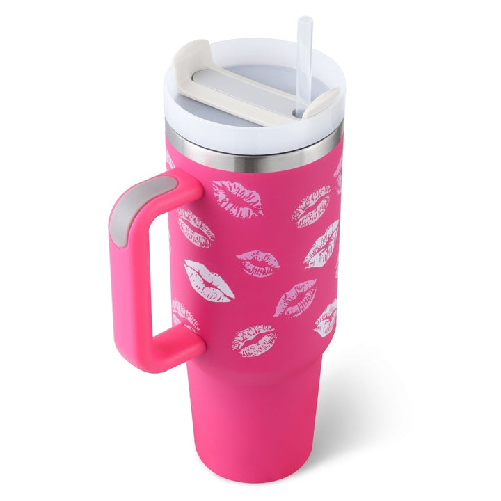 Unisex insulated travel mug with handle & straw for hot/cold drinks. Portable & durable tumbler.
