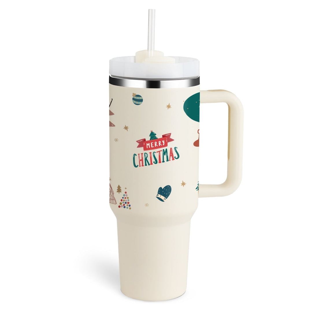 Durable insulated travel mug with handle & straw. Portable solution for hot/cold hydration.