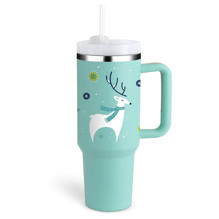Unisex insulated mug, handle & straw. Stay hydrated with hot coffee or cold water all day.