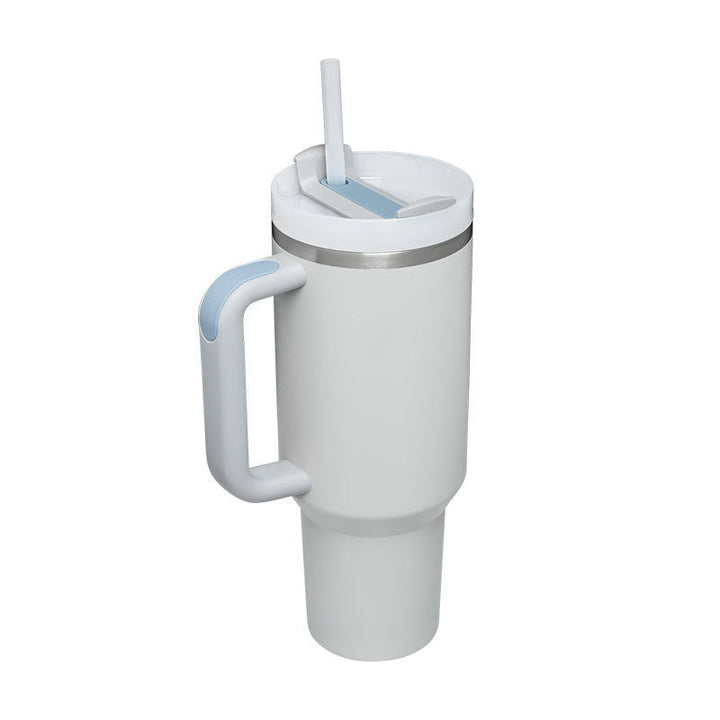 Portable insulated handle mug with straw. Large capacity for all your hot/cold drink needs.