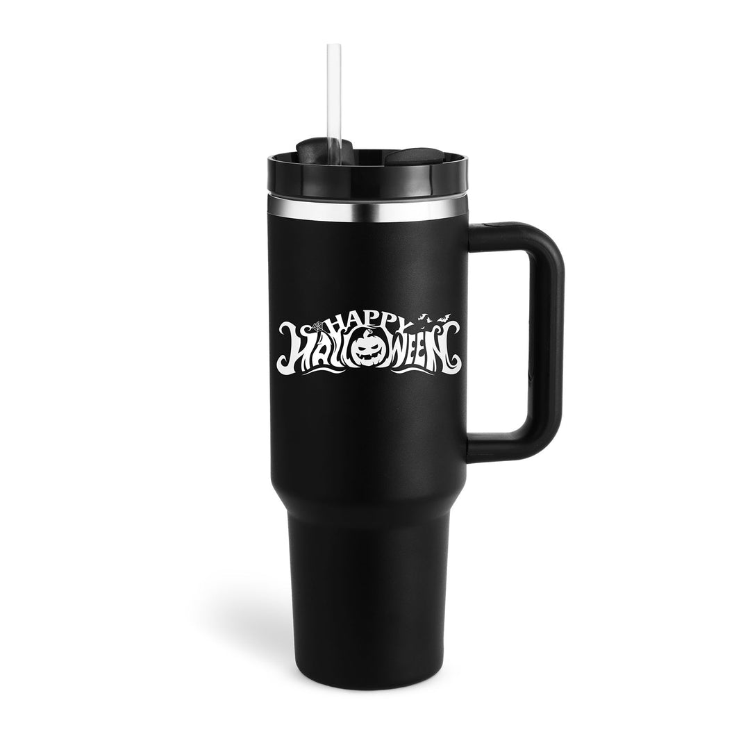 Unisex insulated tumbler with handle & straw. Perfect for hot coffee or cold water on the go.