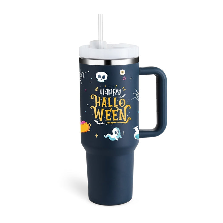Reusable insulated handle mug with straw. Vacuum sealed for hot or cold beverages.